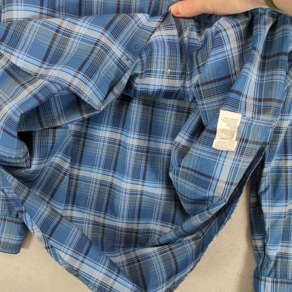 G.H. Bass Blue Plaid Outdoor Button Shirt Mens L Roll Tab Sleeves Hiking Camping